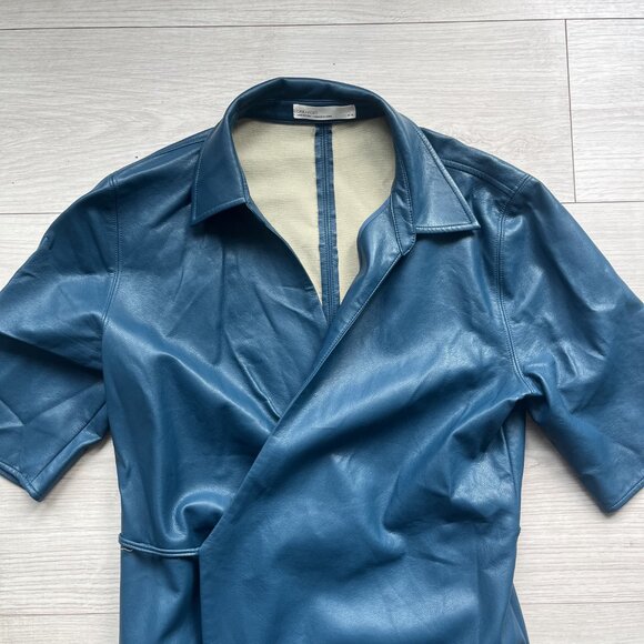 Oak + Fort Faux Leather Wrap Midi Dress in Teal Blue - Picture 3 of 5